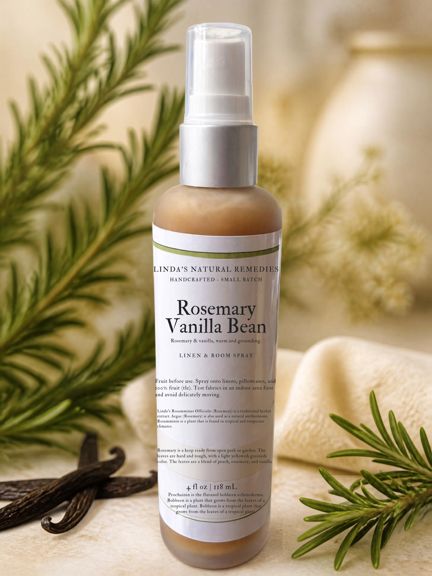 Rosemary Vanilla Bean room spray bottle with label, placed among fresh rosemary stems in a garden setting