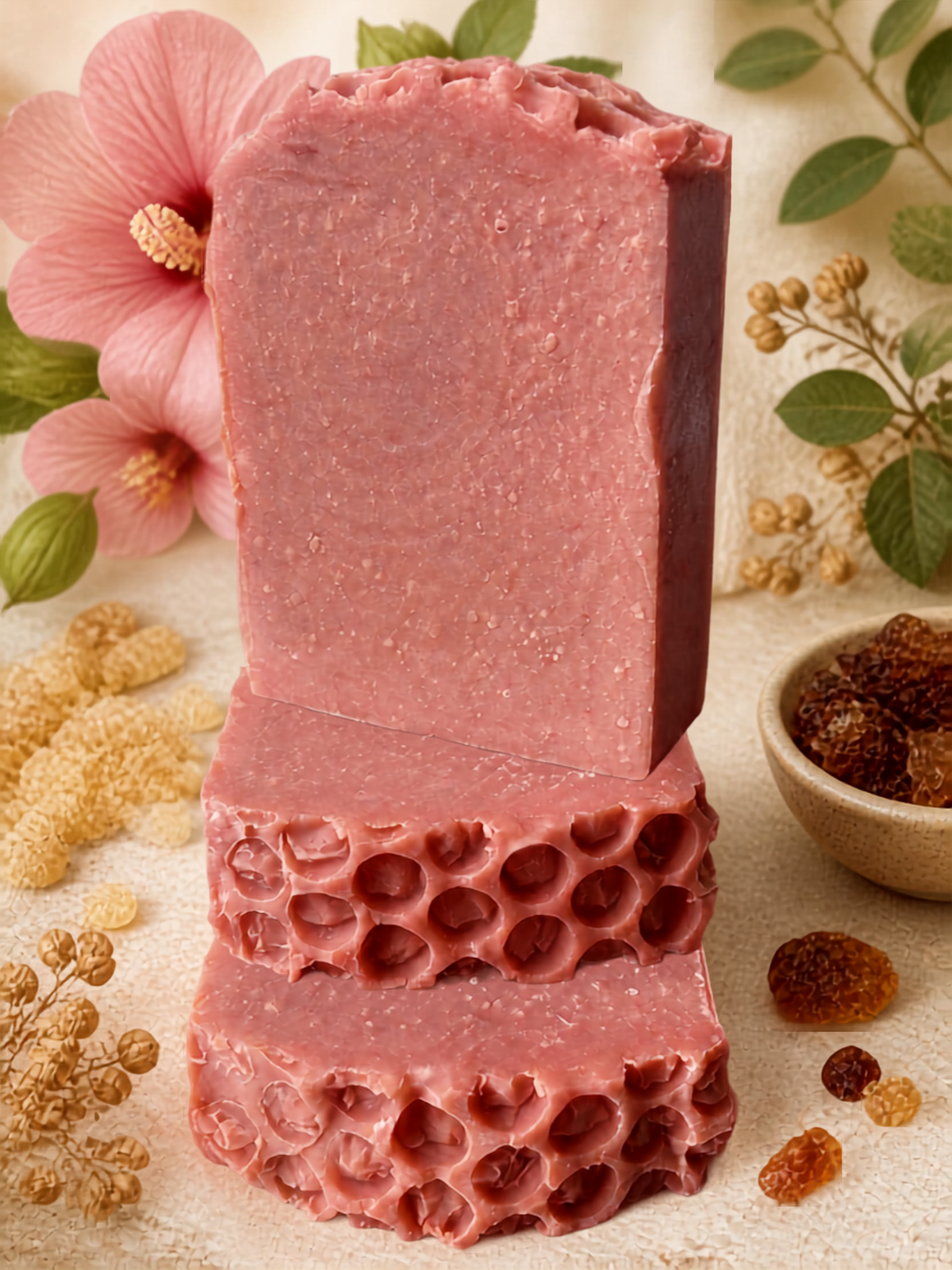 A luxury artisan soap bar beautifully displayed with resins and Rose of Sharon flower in the background
