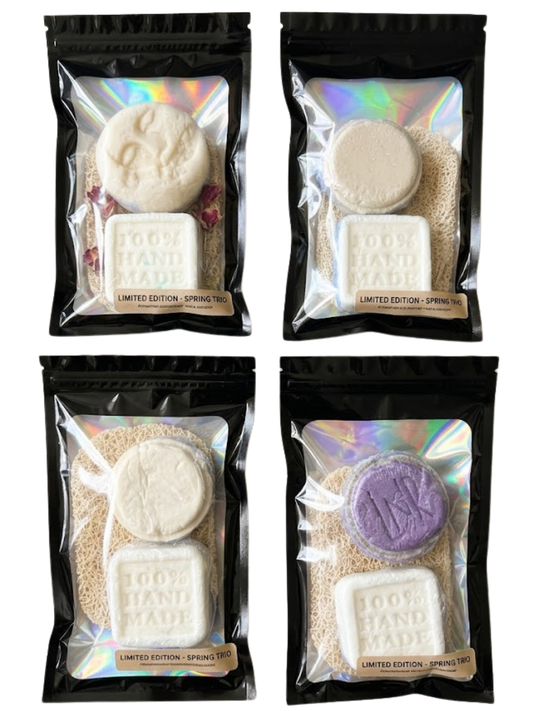 Four packages of limited edition spring treats with a focus on one package.