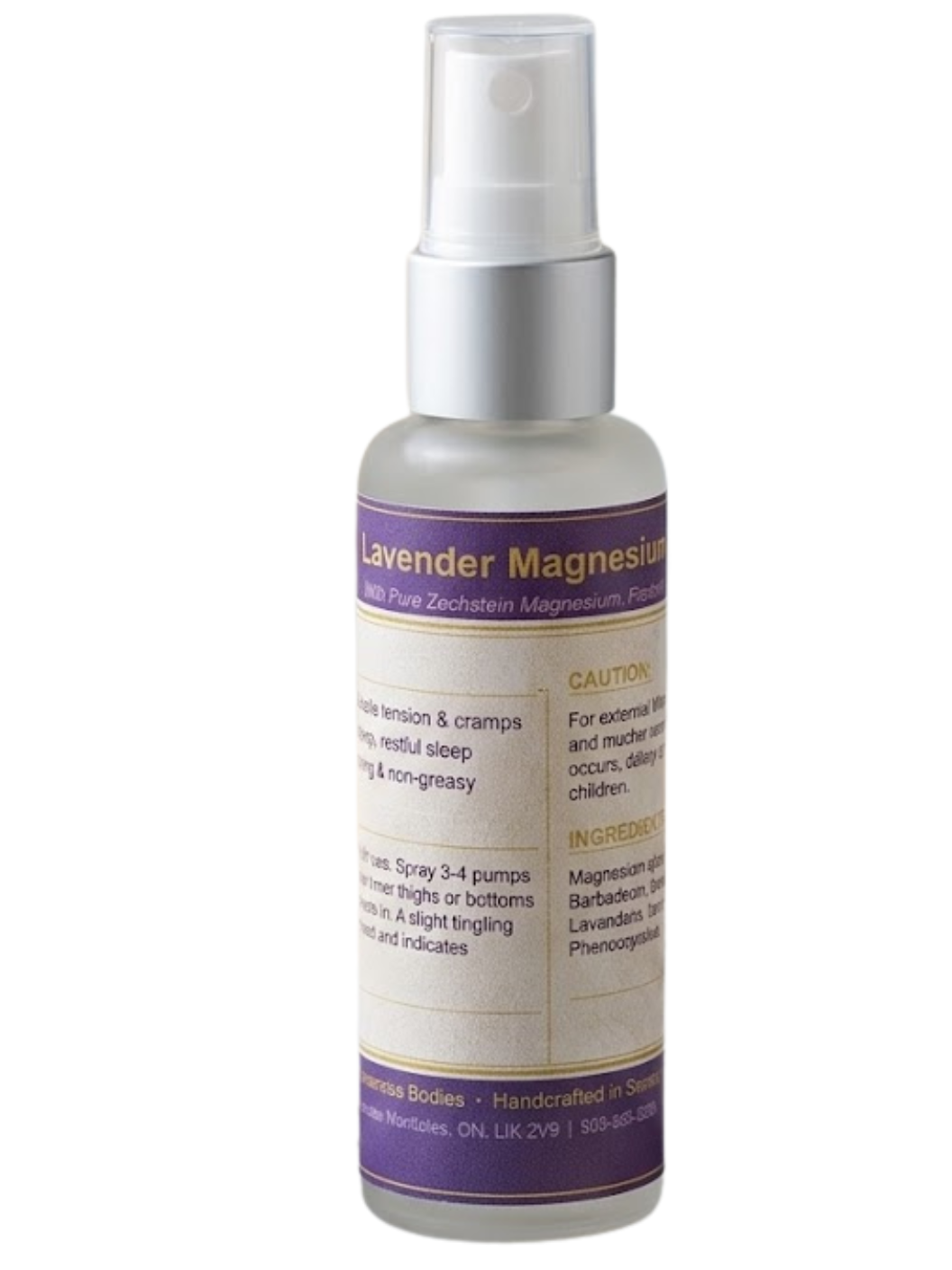 Lavender magnesium spray bottle on a white background