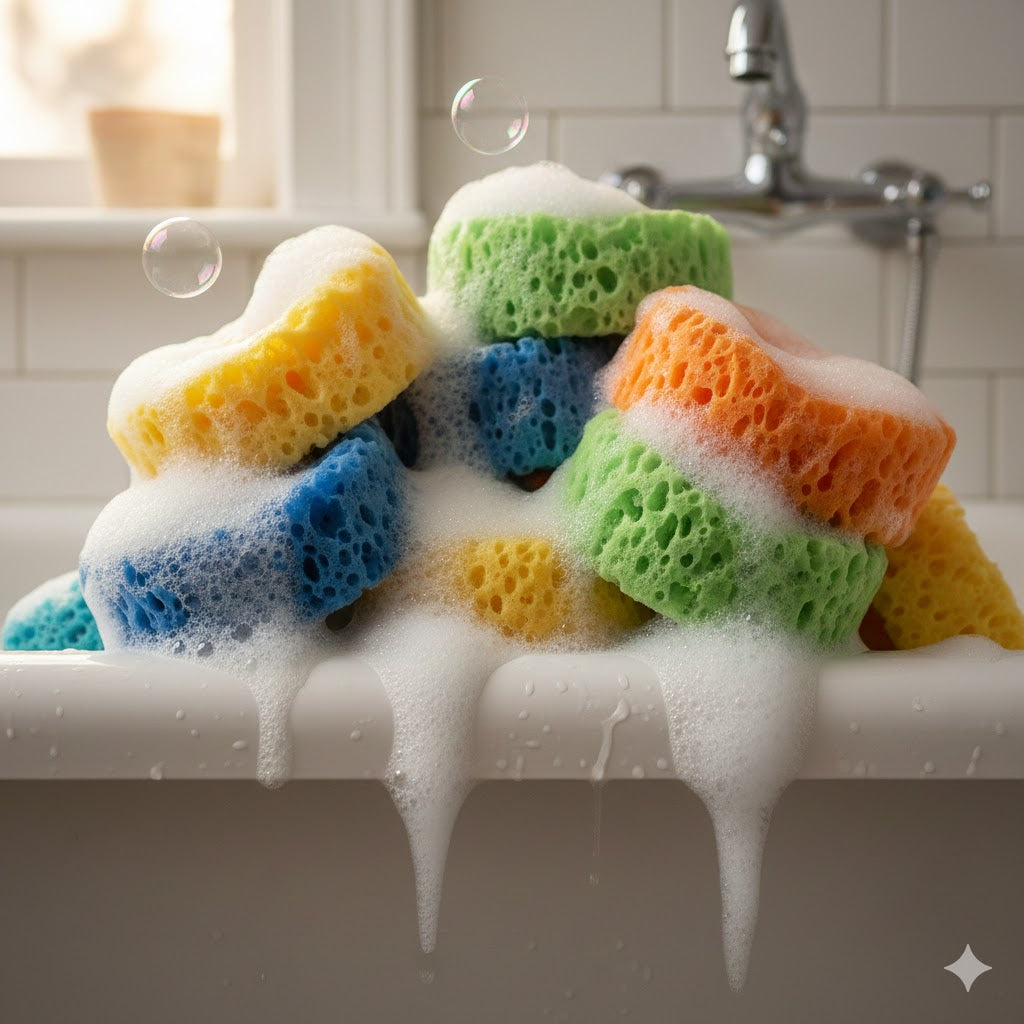 Soapy Sponges by Linda's Natural Remedies in various scents like Island Coconut and Black Rock, featuring a 2-in-1 soap-infused design for cleansing and exfoliation.