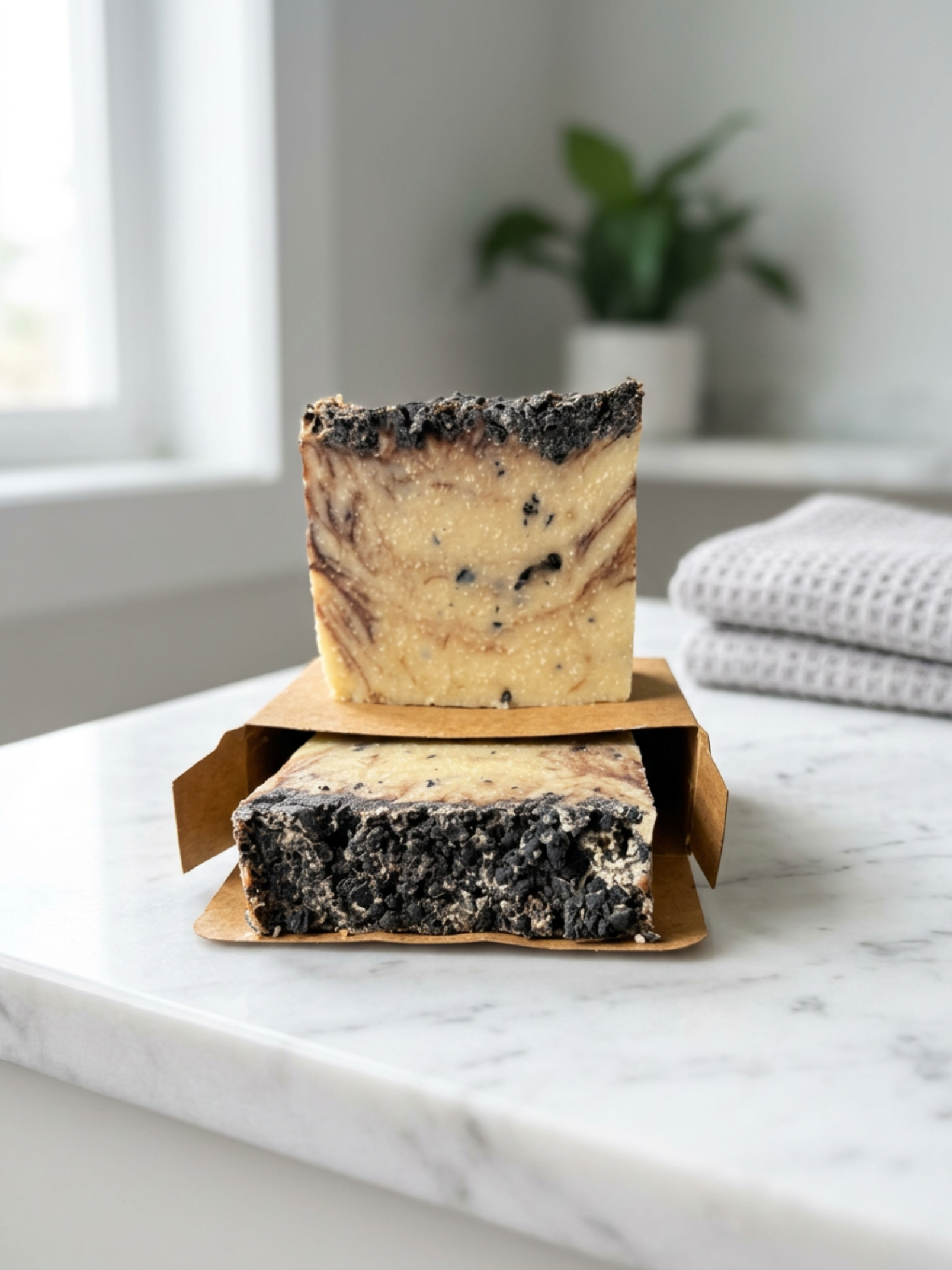 Two bars of soap with a crumbly top layer on a marble surface with a plant and towel in the background.