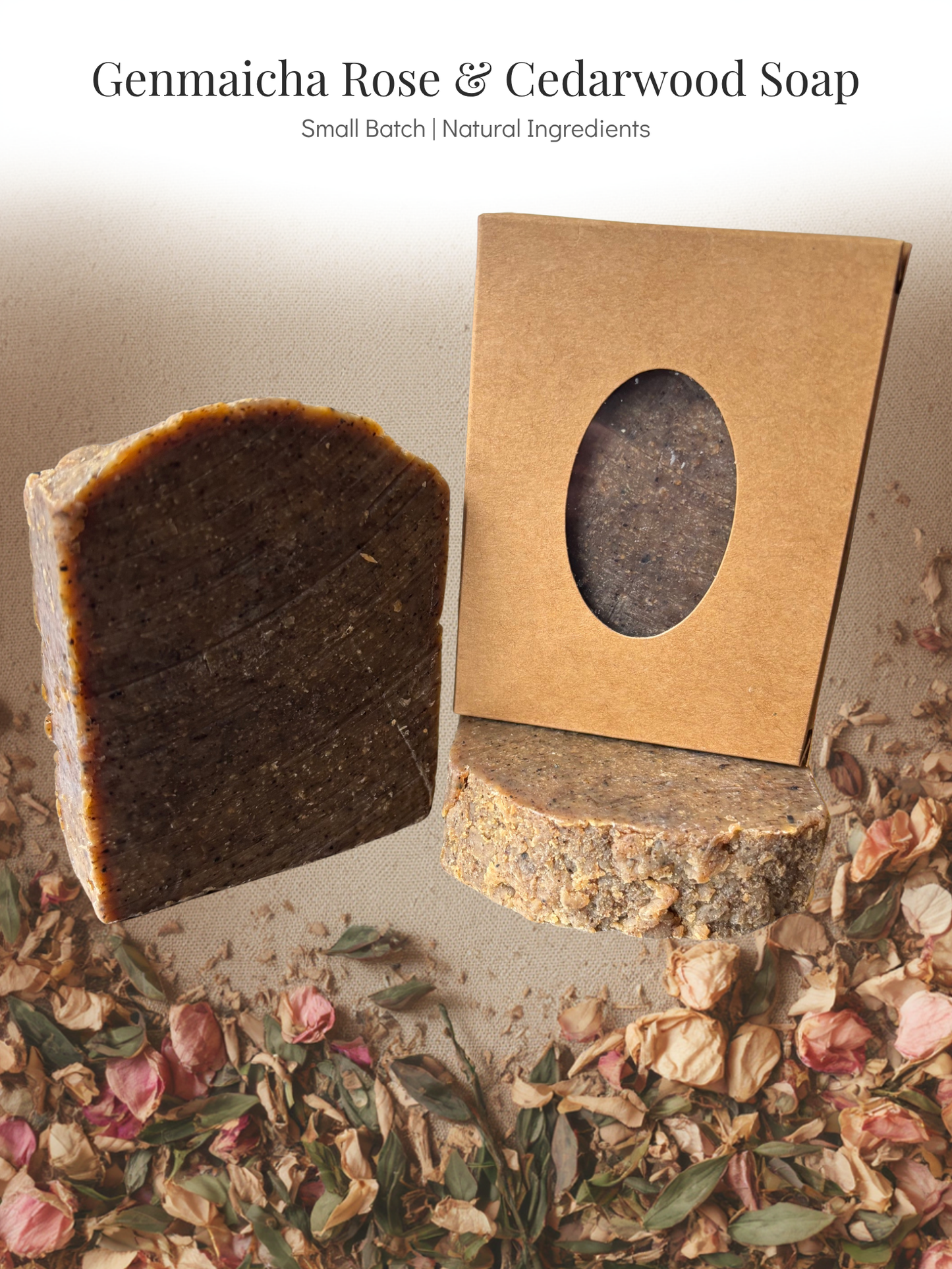 Genmaicha Rose & Cedarwood Soap with a cardboard packaging box on a neutral background