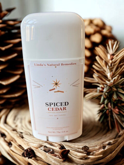 Spiced Cedar natural deodorant featuring warm Ginger, Cinnamon Leaf, and Patchouli.