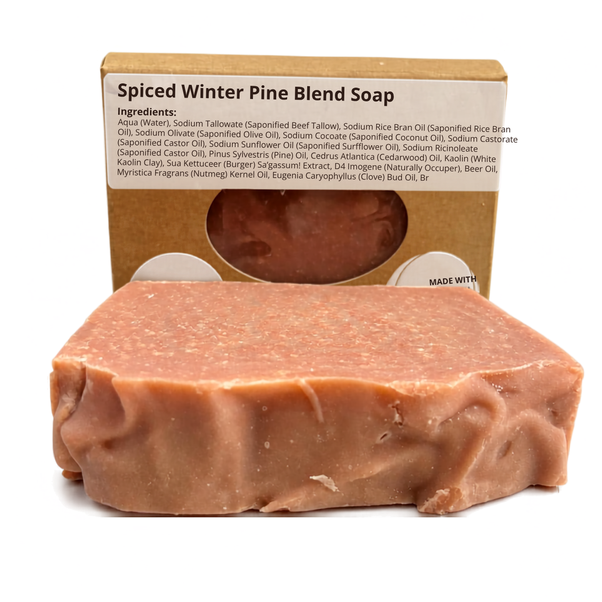 Spiced Winter Pine Blend Soap bar on a clean white background featuring a rustic woodsy texture and earth-toned mica swirl.