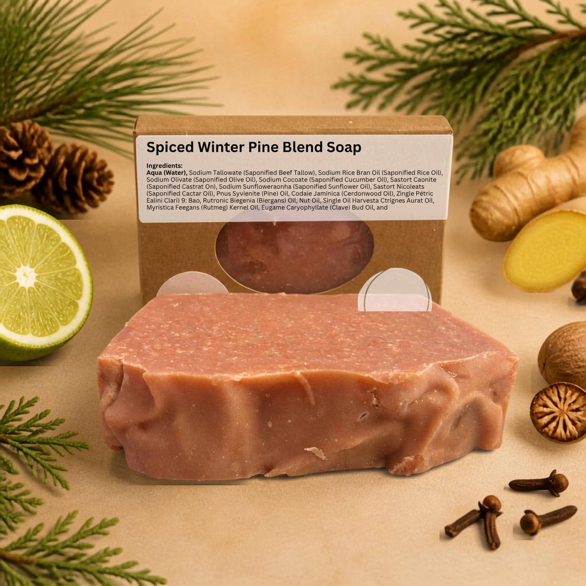 Spiced Winter Pine Blend Soap bar displayed against a natural botanical background of fresh pine needles and dried cedar sprigs.