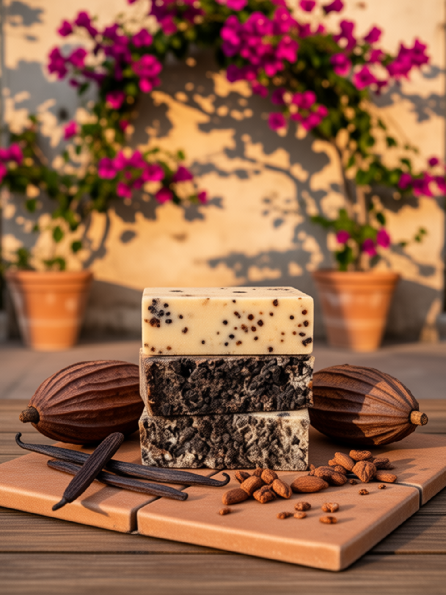 Stack of soap bars with cocoa beans and vanilla on a wooden board with flowers in the background