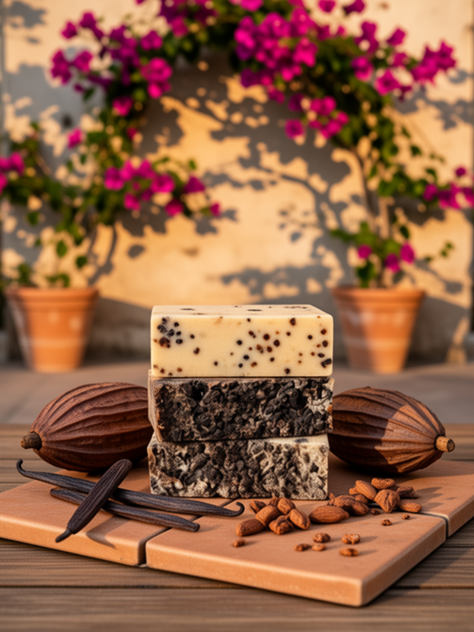 Stack of soap bars with cocoa beans and vanilla on a wooden board with flowers in the background