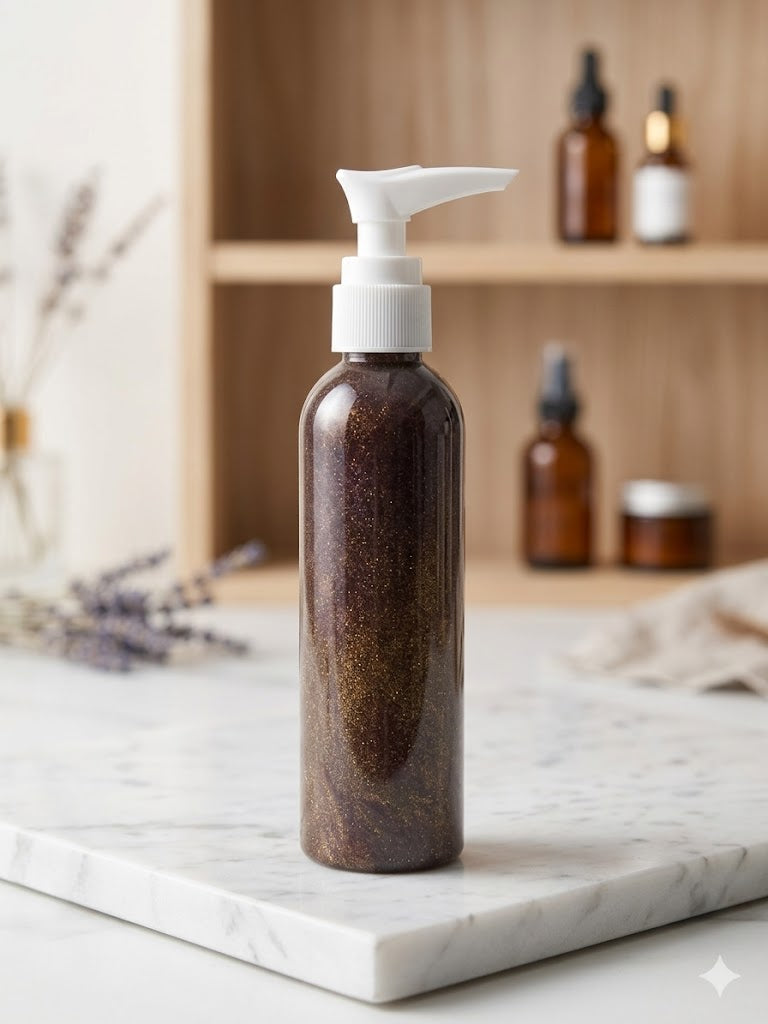 Sugar Plum Shimmer Body Glow 110ml pump bottle with gold and eggplant mica shimmer by Linda's Natural Remedies.