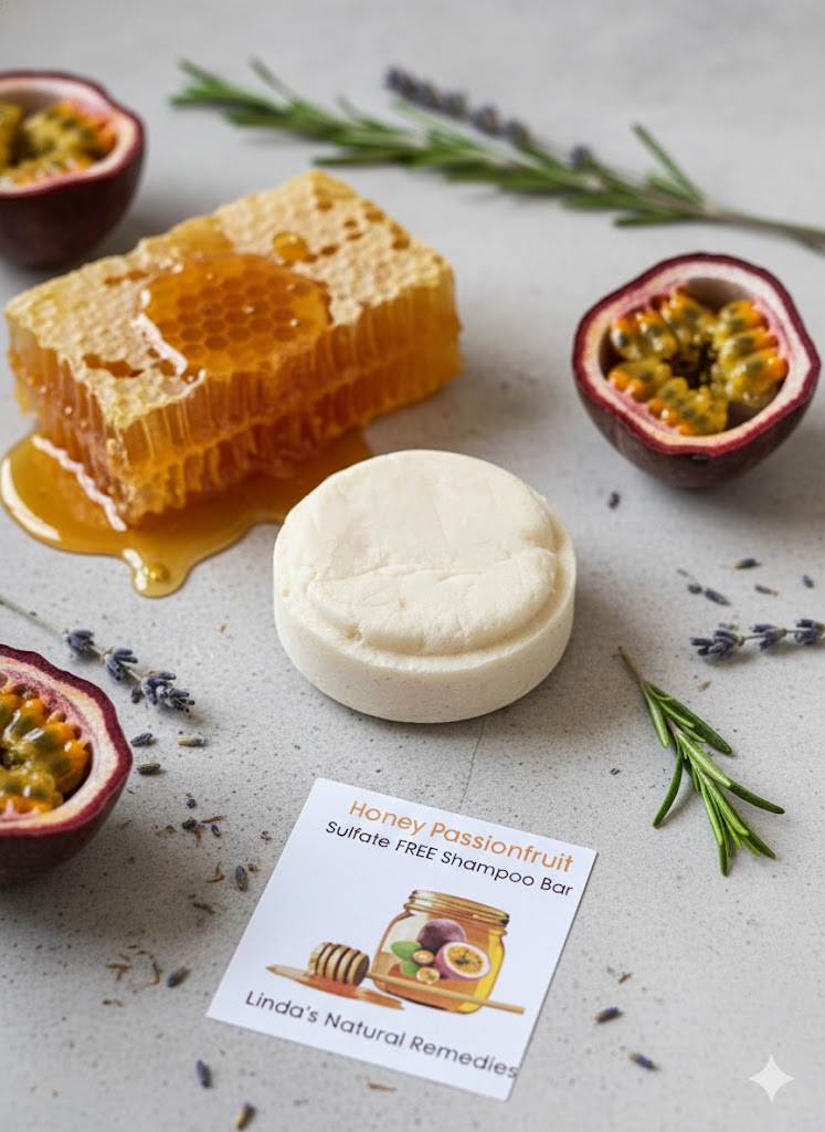 Smooth cream-colored shampoo bar displayed with a honeycomb and fresh passionfruit halves