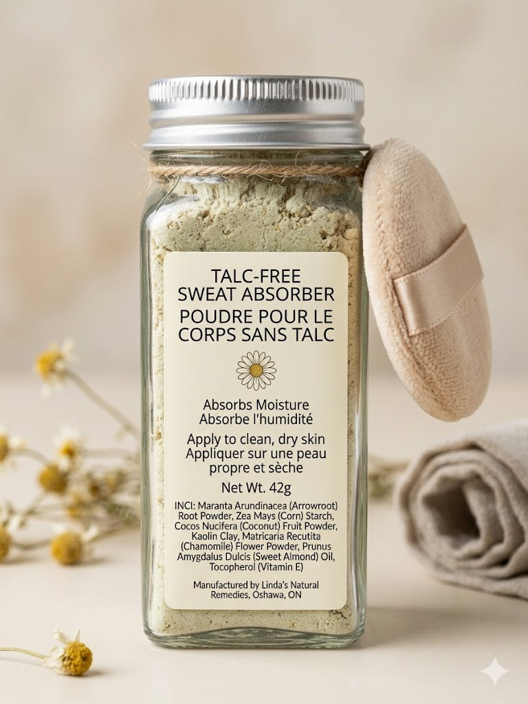 42g glass jar of Linda's Natural Remedies Talc-Free Sweat Absorber with a silver shaker lid and an attached beige reusable powder puff.