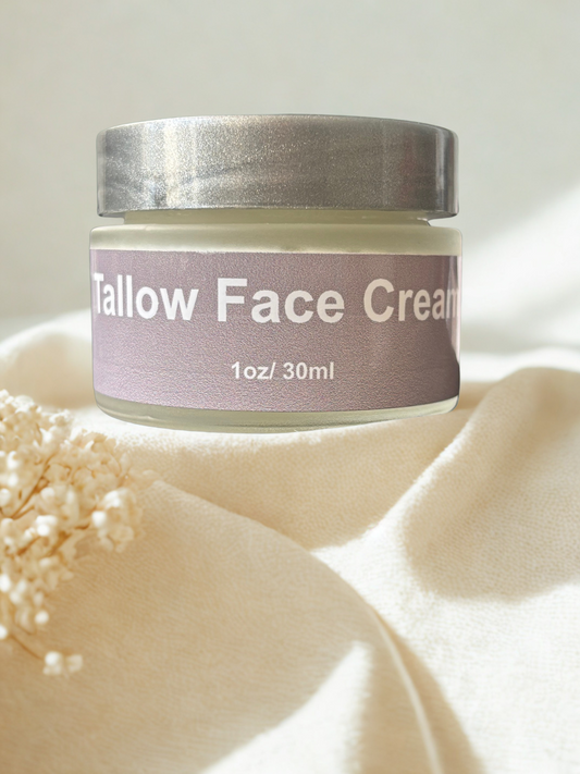 A jar of Ancestral Glow Tallow Face Cream, a rich and creamy natural moisturizer handcrafted from grass-fed tallow for deep facial nourishment.