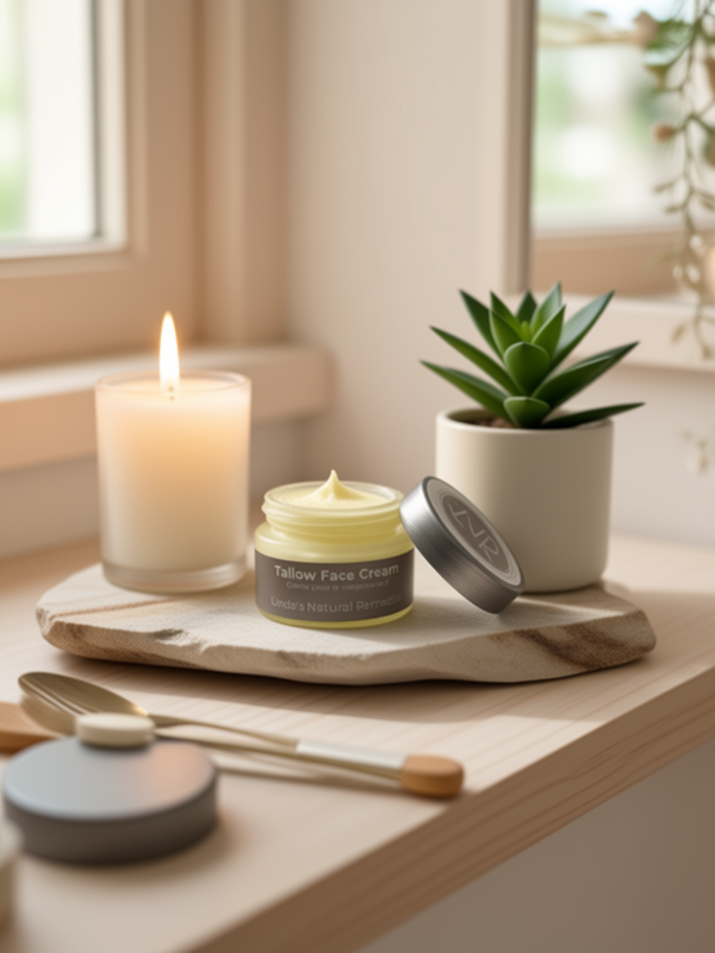 Jar of face cream on a wooden tray with a candle and plant in a bright room.
