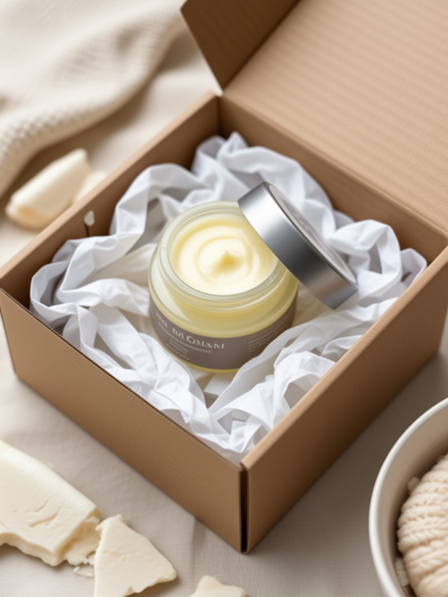 Jar of cream in a gift box with a soft focus background