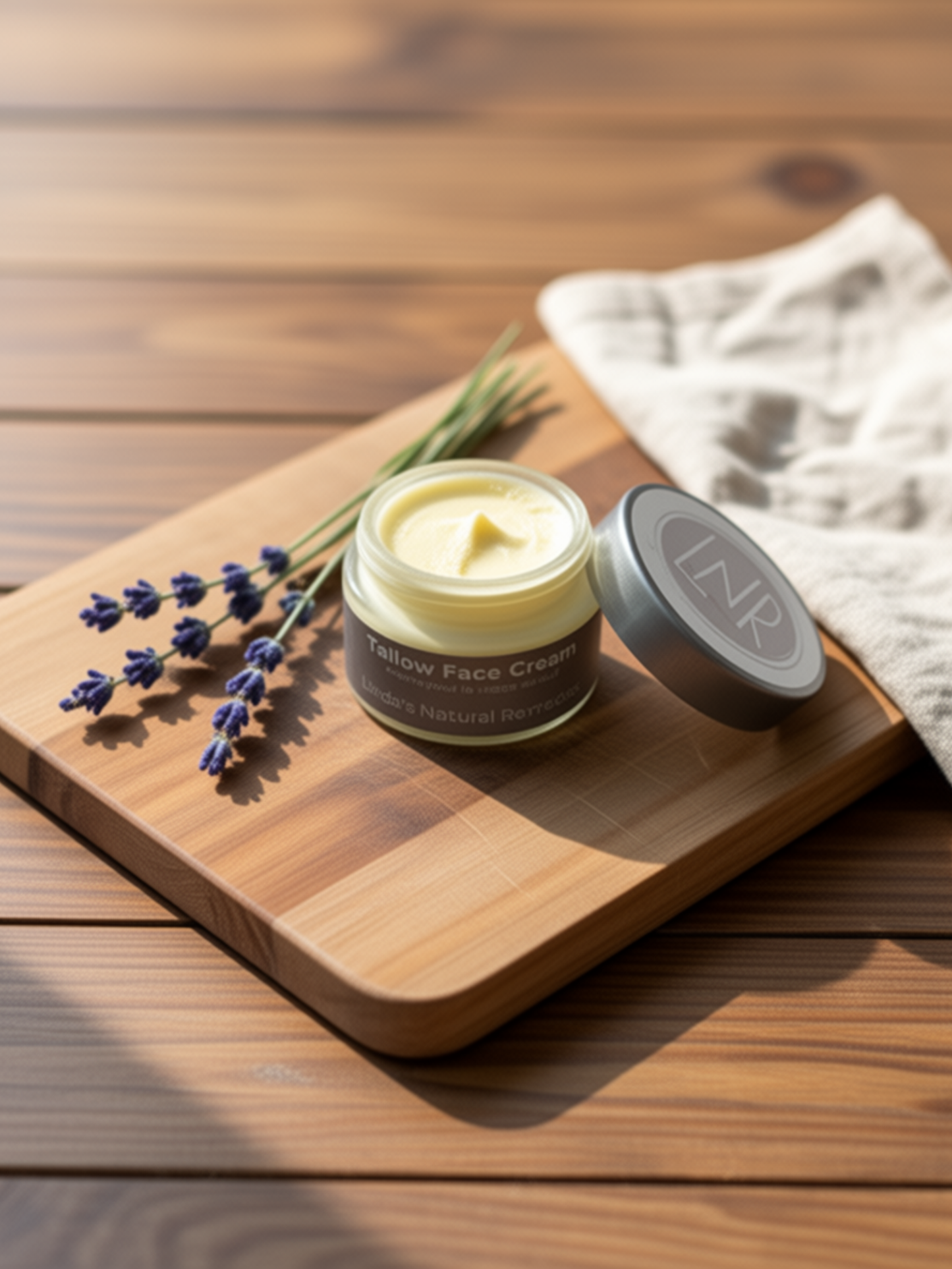 Jar of face cream on a wooden board with lavender and a towel