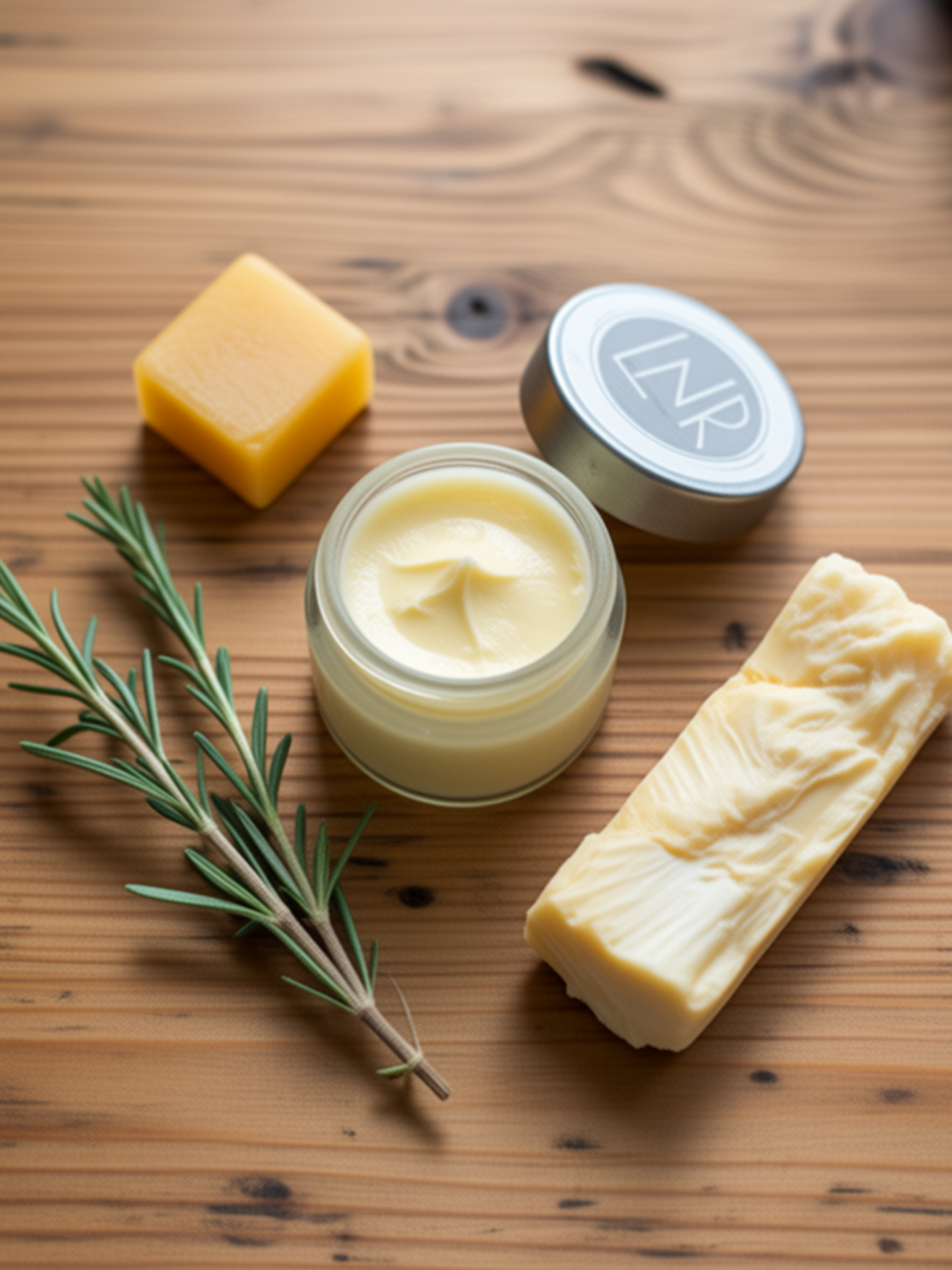 Assorted skincare products including a jar of cream, soap bar, and soap bar with rosemary on a wooden surface.