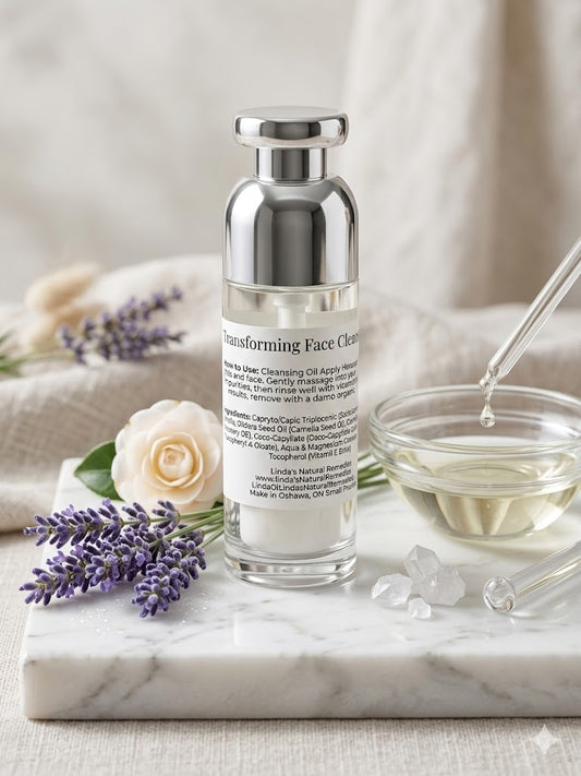 Skincare product with lavender and a rose on a marble surface