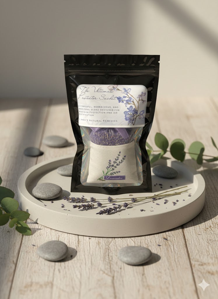 Artisan Ultimate Protector Lavender Sachet, a powerful herbaceous blend for refreshing stored linens, handcrafted by Linda’s Natural Remedies.