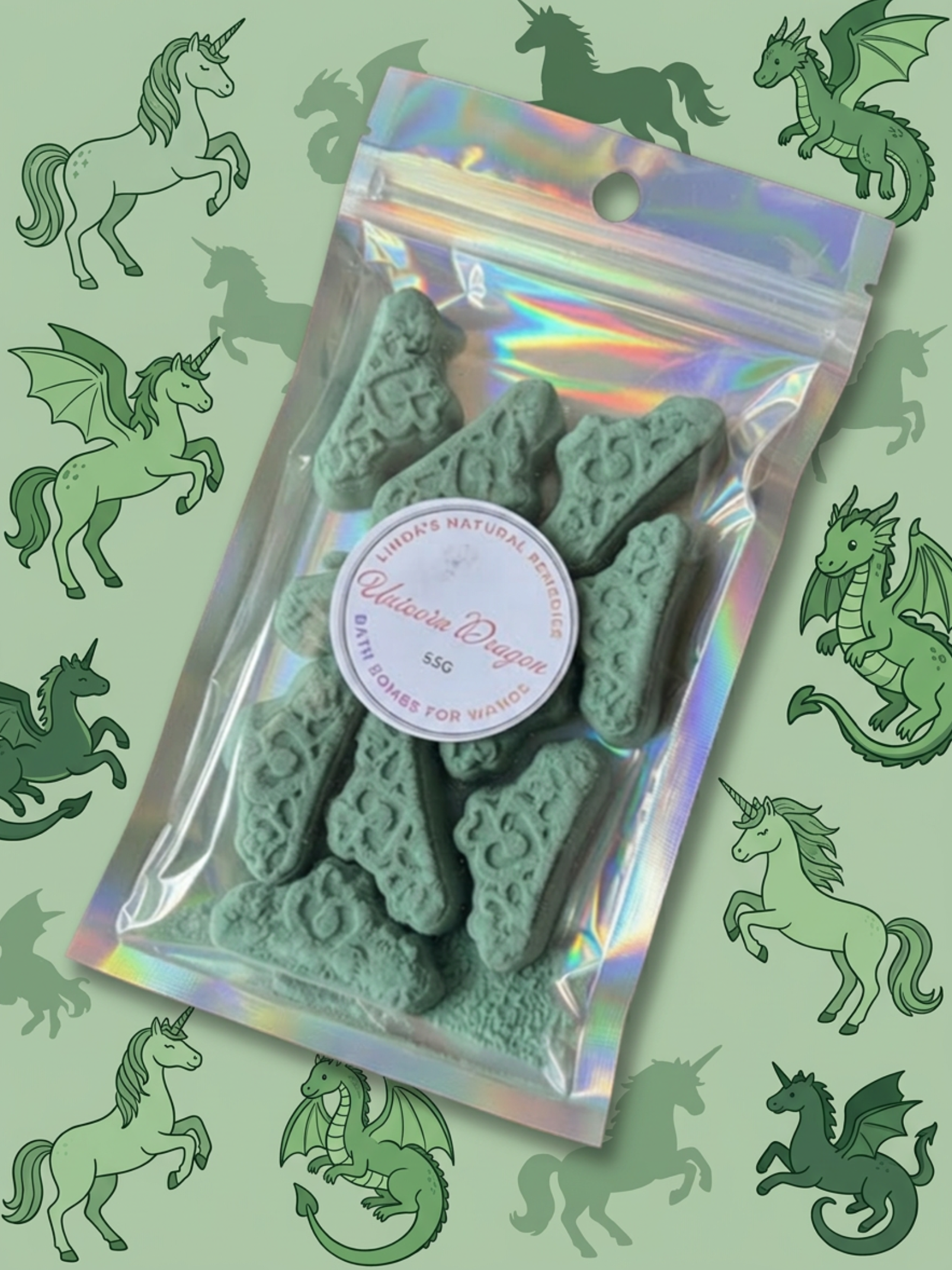 Unicorn dragon scented Tiera with unicorns in the background in green
