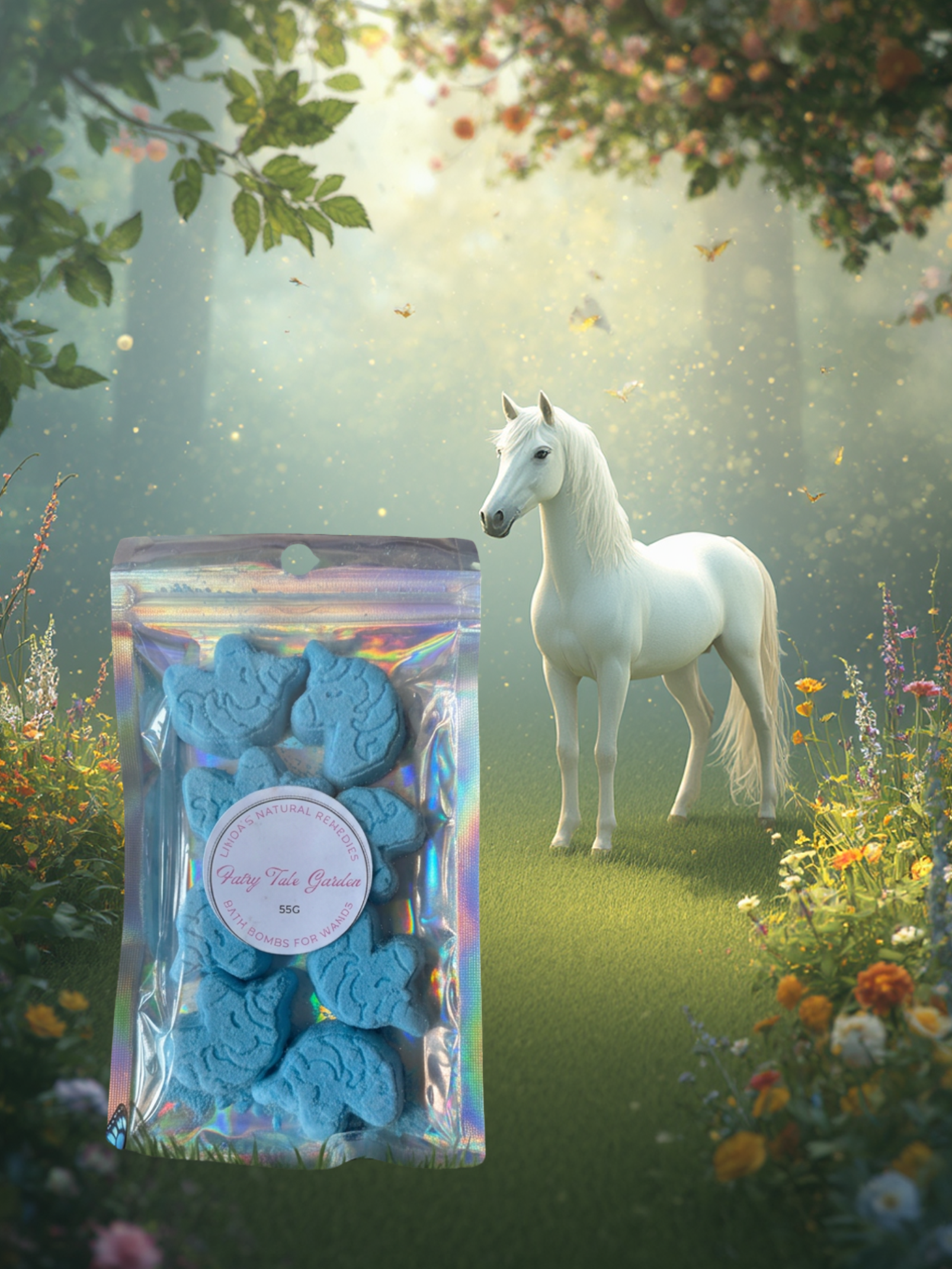 Fairy Tale Garden Scented Unicorn Shaped Bath Bomb in Blue with white unicorn in the background.