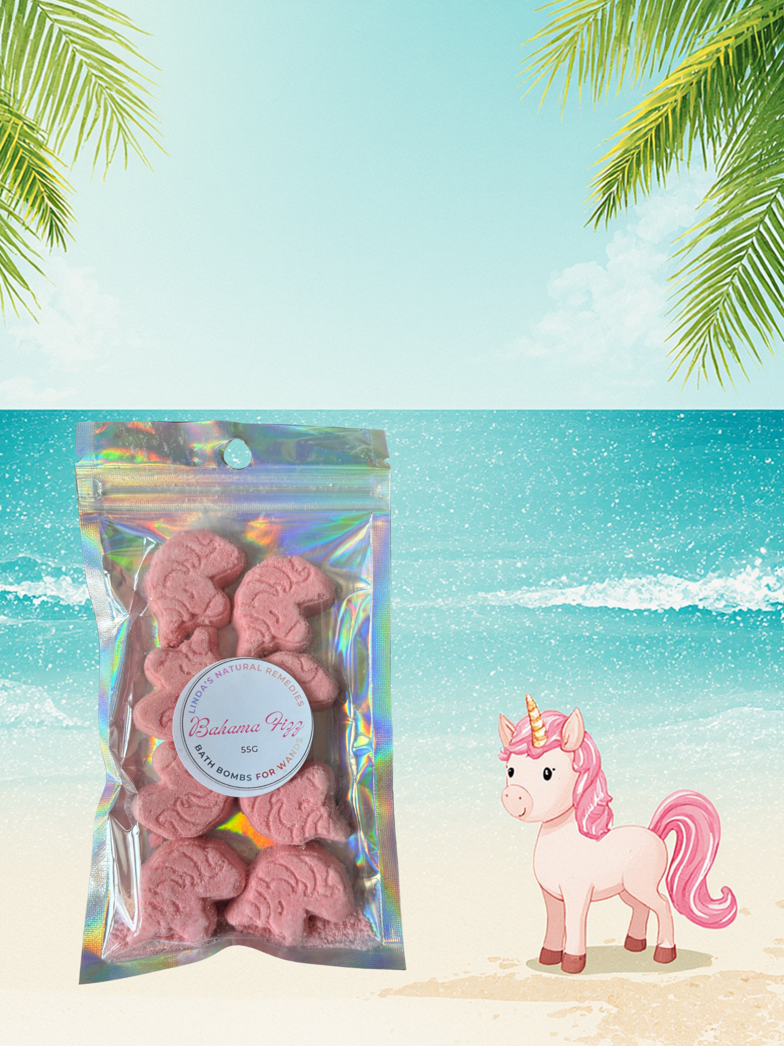 Bahama Fizz Unicorn shaped bath bomb with unicorn on a beach setting.