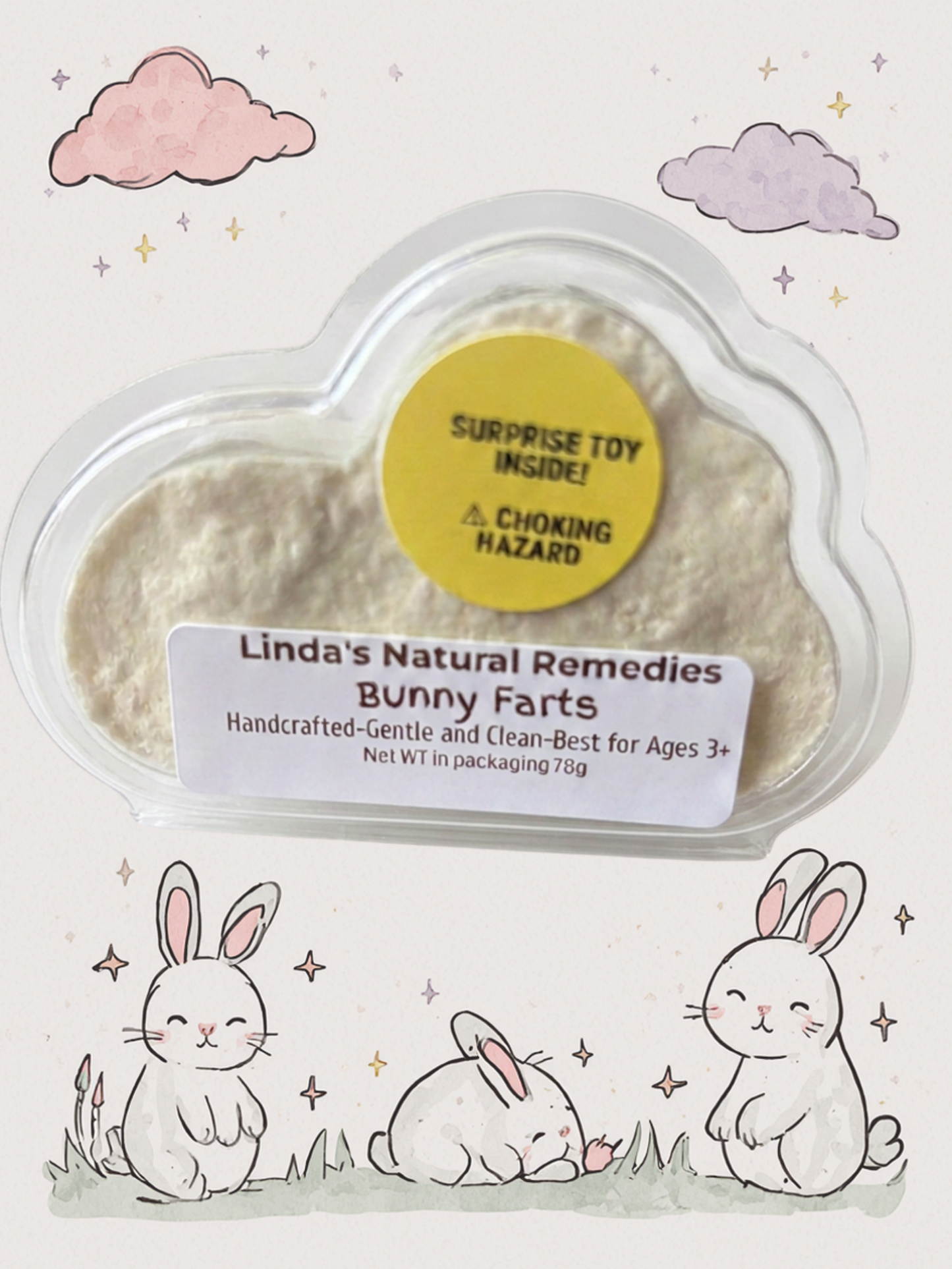 Bunny Farts scented bath bomb in clamshell container.