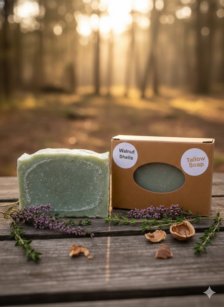 Wild Heather and Thyme exfoliating tallow soap bar with crushed walnut shells standing next to its windowed gift box on a rustic wood background.