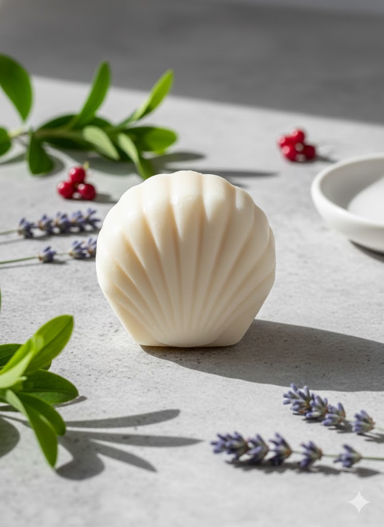Whitish shell-shaped shampoo bar surrounded by fresh lavender sprigs and wintergreen leaves.