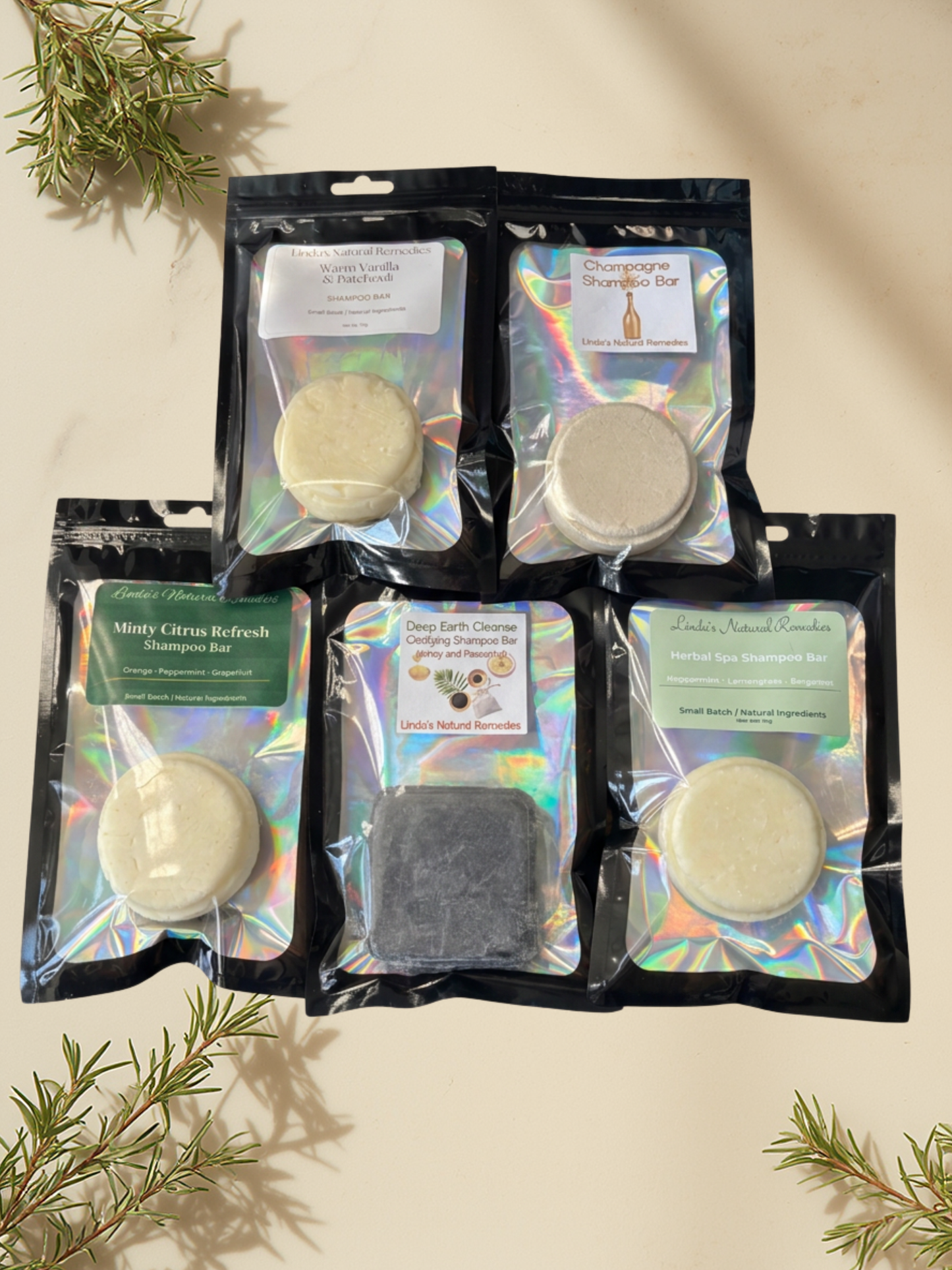 All shampoo bars with botanical background.