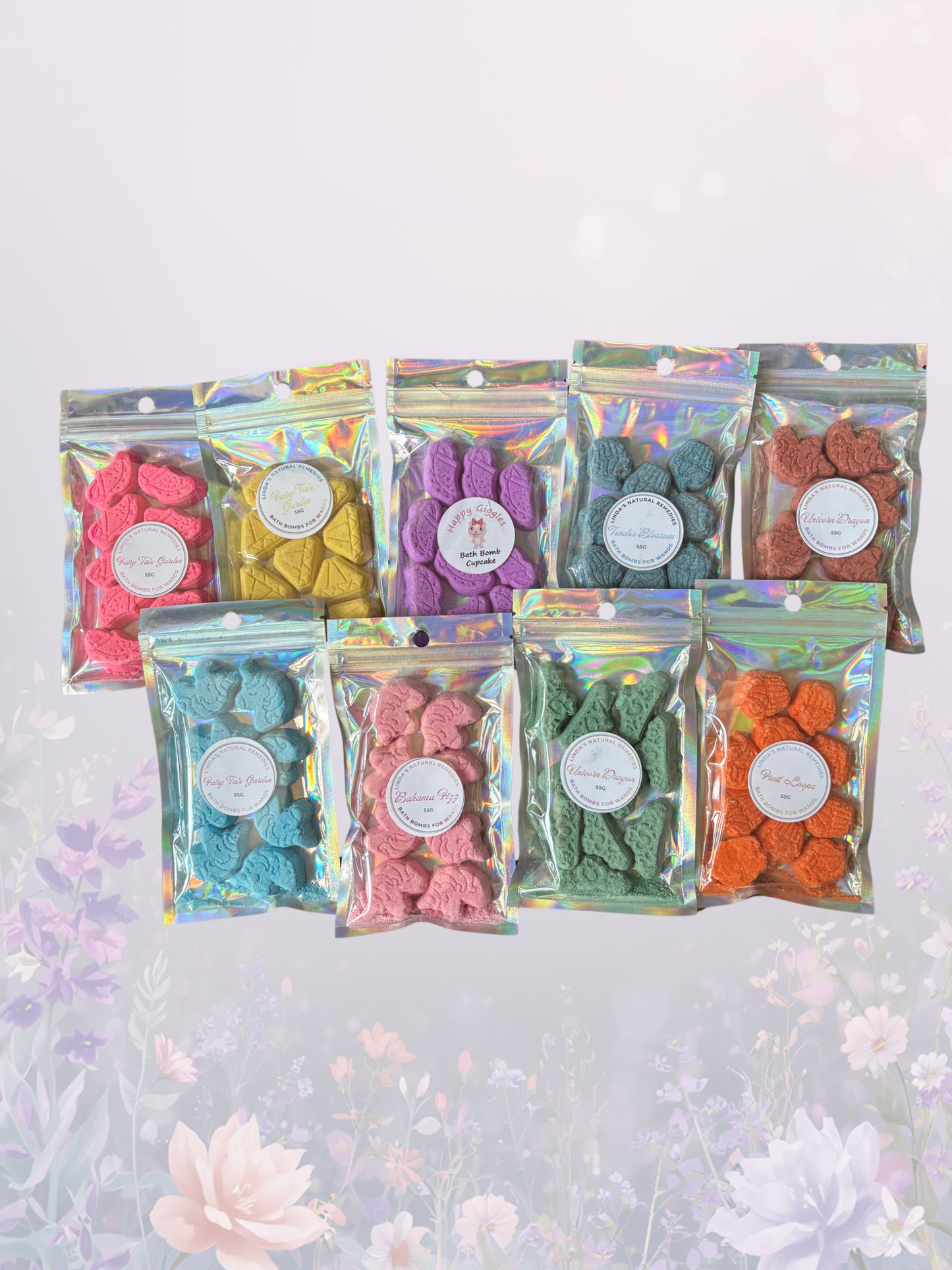 9 colored bath bombs in flowered background.