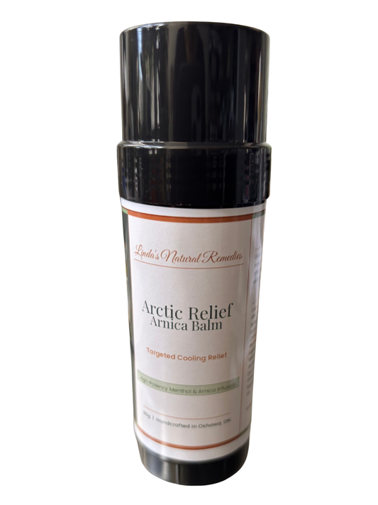 Arctic Relief Arnica Balm in a 60g eco-friendly push-up tube, featuring a copper and sage green label from Linda's Natural Remedies for targeted cooling relief.