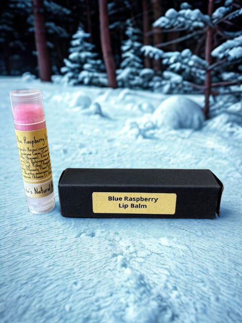 Blue Raspberry flavored natural lip balm, small-batch artisanal skincare.