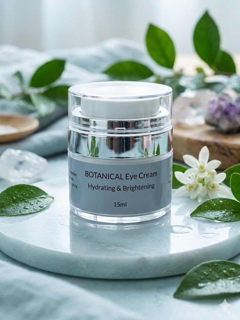 A sleek airless pump bottle of Botanical eye Cream, handcrafted with Rose Hydrosol and Jojoba for delicate under-eye care.