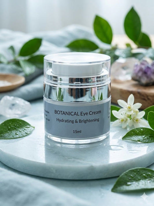 A sleek airless pump bottle of Botanical eye Cream, handcrafted with Rose Hydrosol and Jojoba for delicate under-eye care.