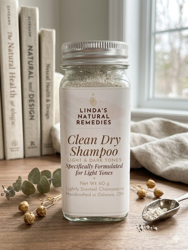 Linda's Natural Remedies Clean Dry Shampoo jar on a wooden surface with books and eucalyptus in the background.