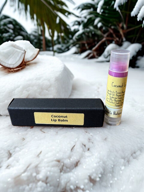 Tropical Coconut natural lip balm featuring nourishing calendula and kukui oil.