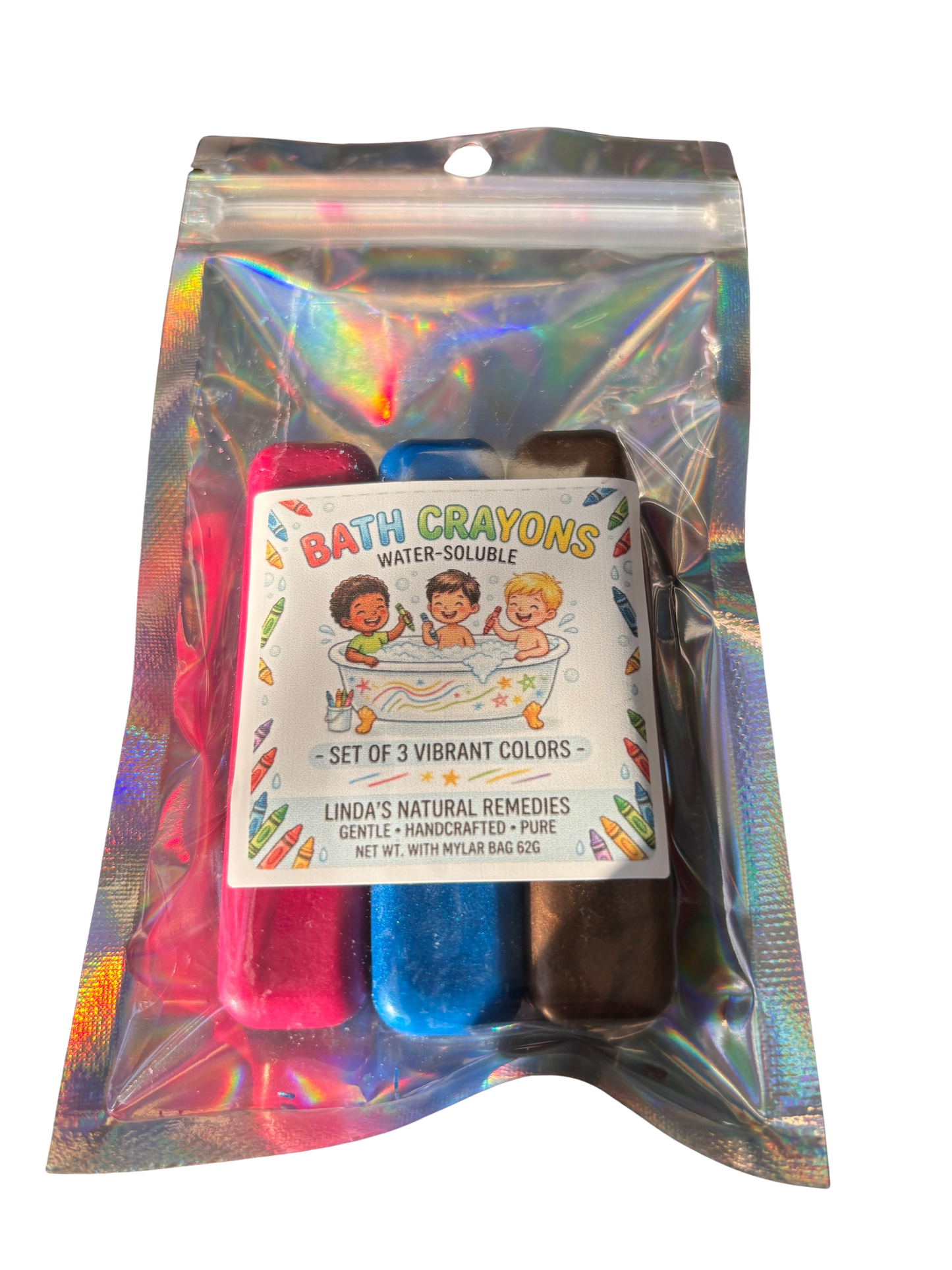 Mylar bag showing Brown, Hot Pink and Blue crayons.