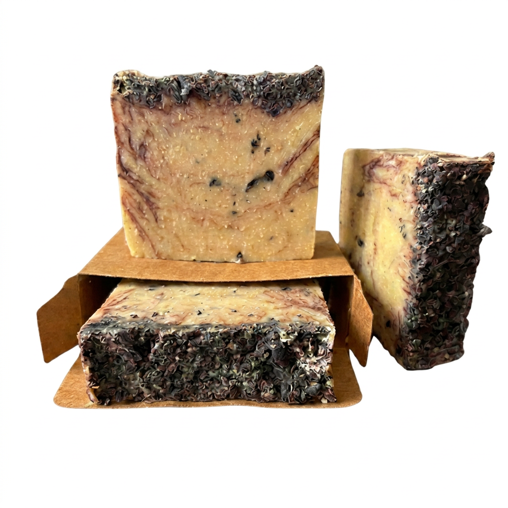 Creamy Cocoa and Vanilla Bean Soap bars on solid white