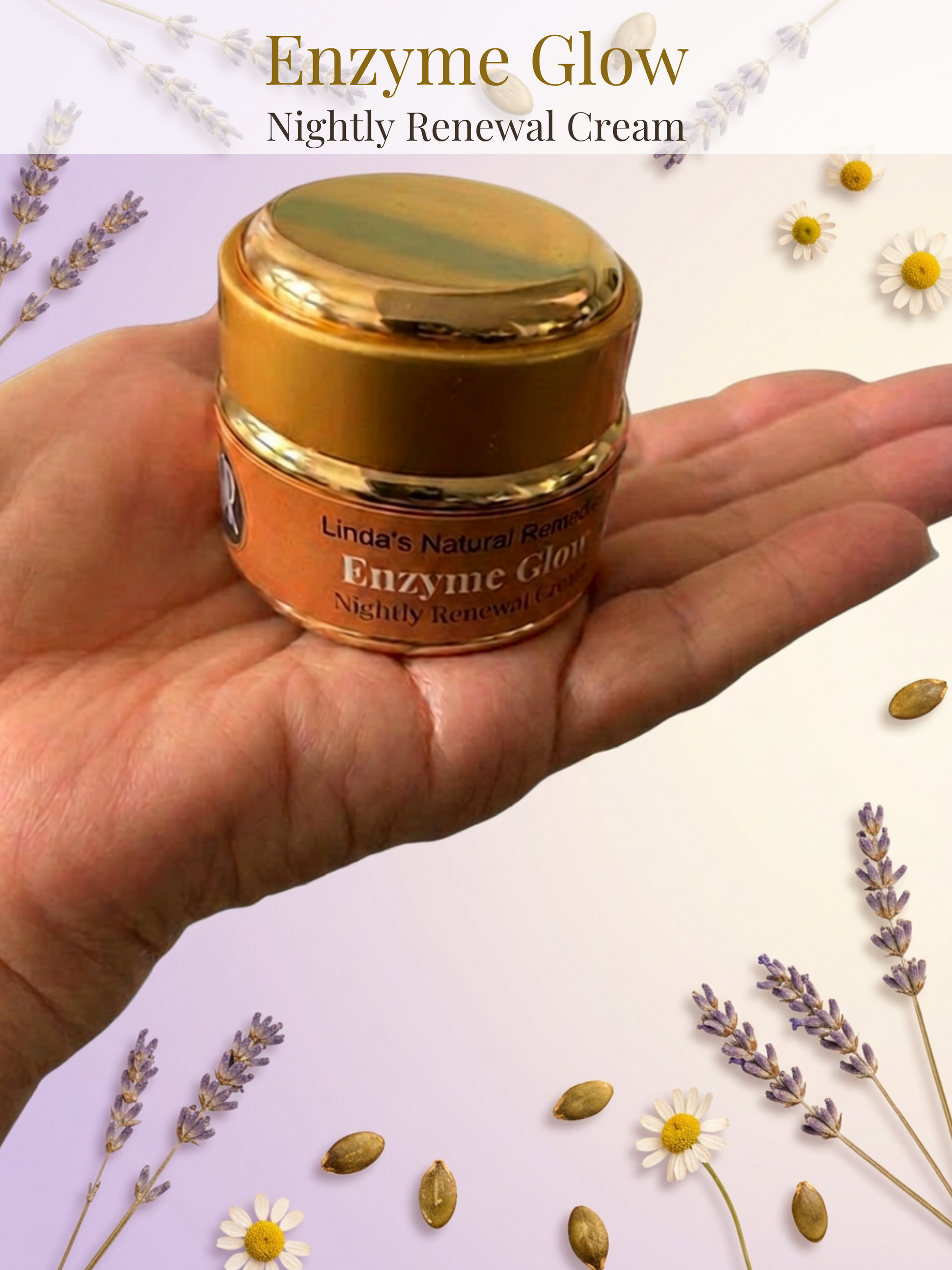 Hand holding a jar of 'Enzyme Glow' nightly renewal cream with natural elements in the background