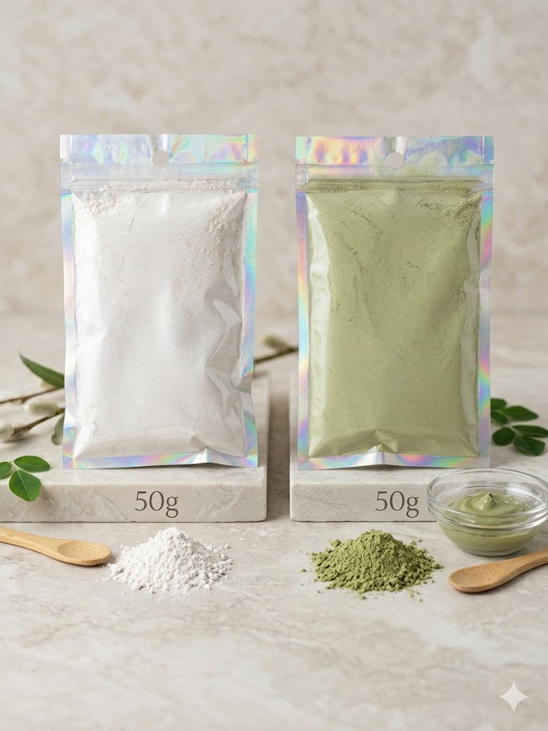 Two silver mylar bags of Linda's Natural Remedies Face Masks (Cactus & Willow and Triple Tea) with small wooden spoons attached.