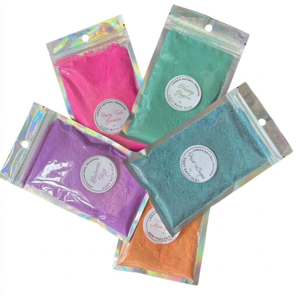 Fizzy Bath Dust pouches on solid white