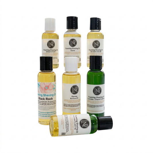 Foaming Shaving Oil bottles on solid white