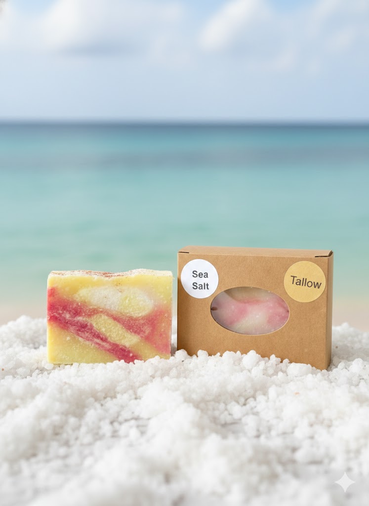 Fresh Linen artisan tallow soap bar standing next to its windowed gift box on a bed of white sea salt with a blurred ocean beach background.
