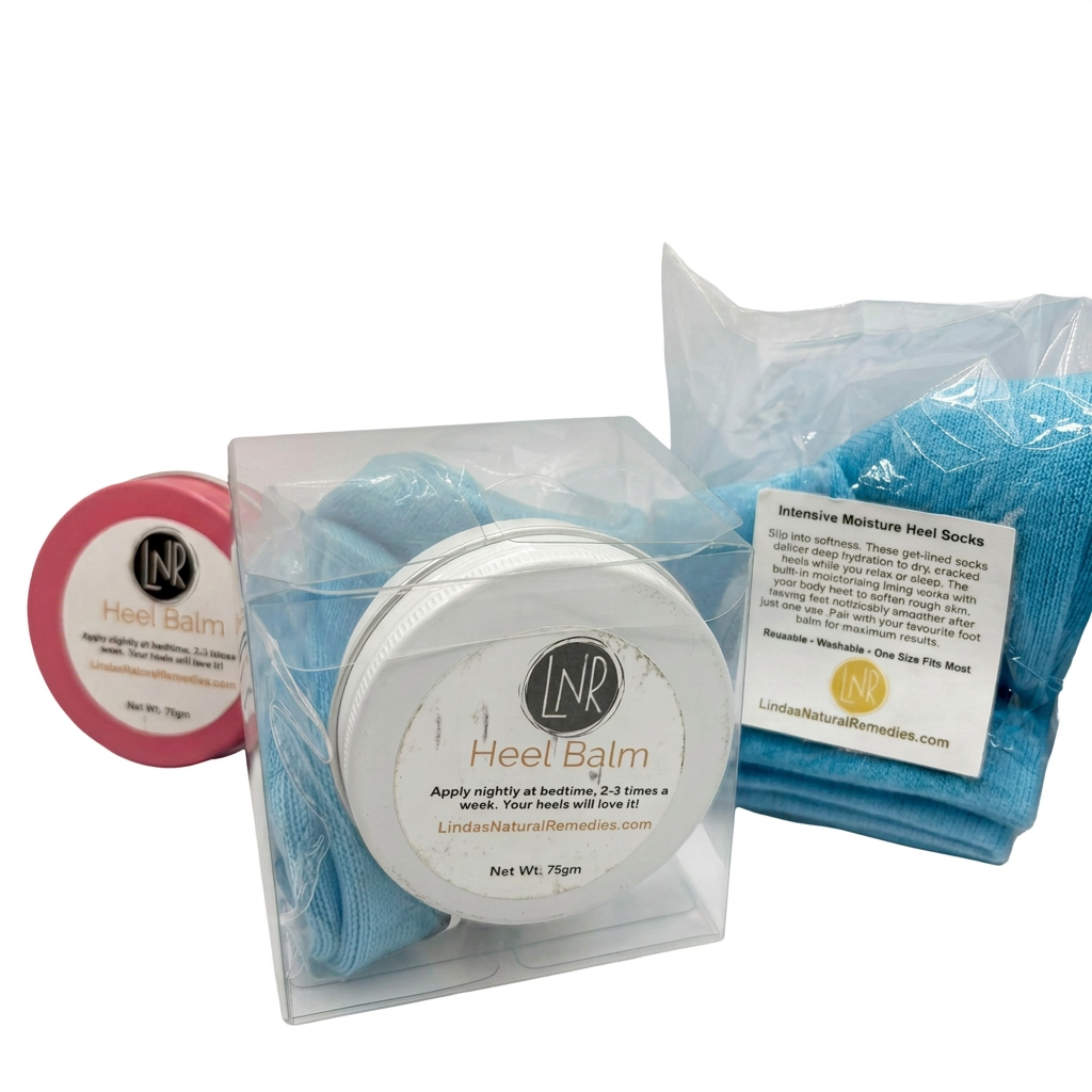 Heel Balm and blue heel socks with a solid white background