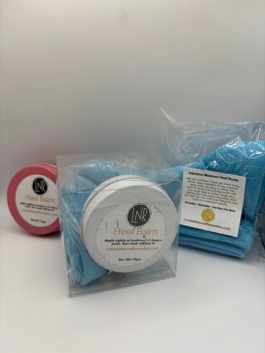 Heel balm with packaging and a label on a white surface