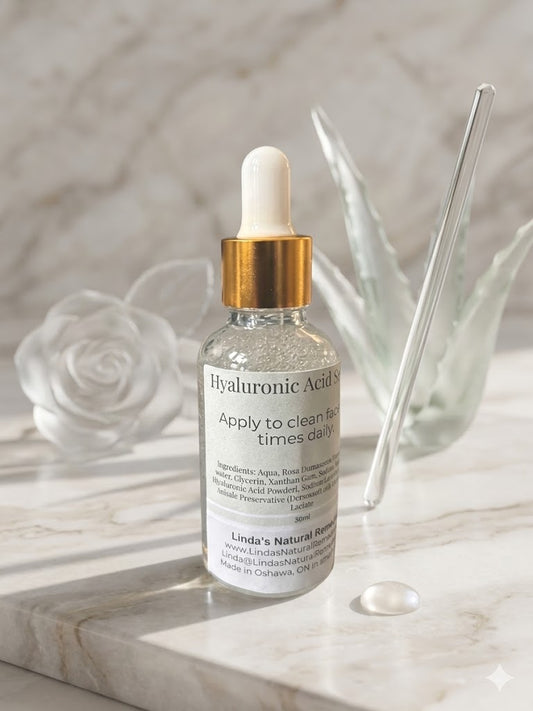 Hyaluronic Acid serum bottle with dropper on a marble surface