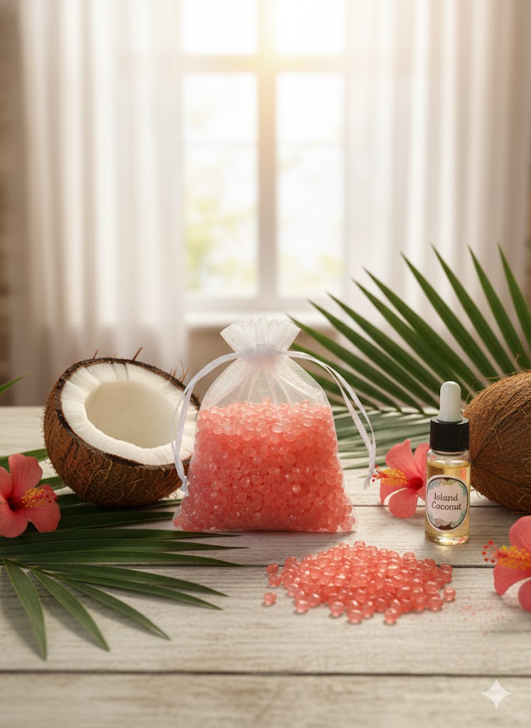 Coral sparkler mica aroma beads in a white organza drawstring bag, styled with tropical hibiscus flowers and a fresh halved coconut.