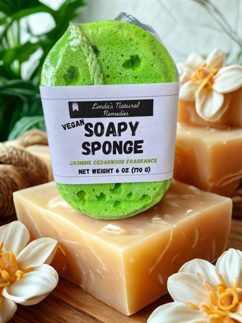 Sophisticated Jasmine and Cedarwood fragrance soap-infused luxury sponge.
