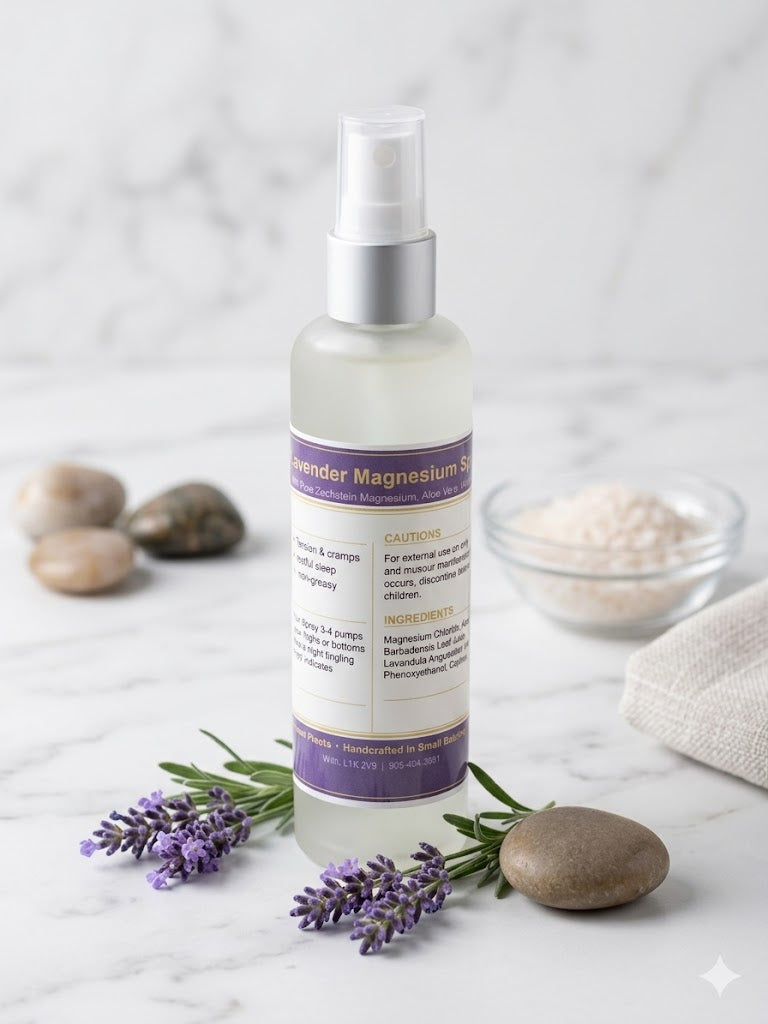 A frosted glass spray bottle of Linda's Natural Remedies Lavender Magnesium Spray with a silver sprayer, standing on a white marble surface with fresh lavender sprigs and small grey stones.
