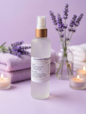 A frosted glass spray bottle labeled 'Lavender Magic' with a white pump and metallic gold collar, set against a lavender background with folded towels, a glass vase of lavender stems, and lit candles.